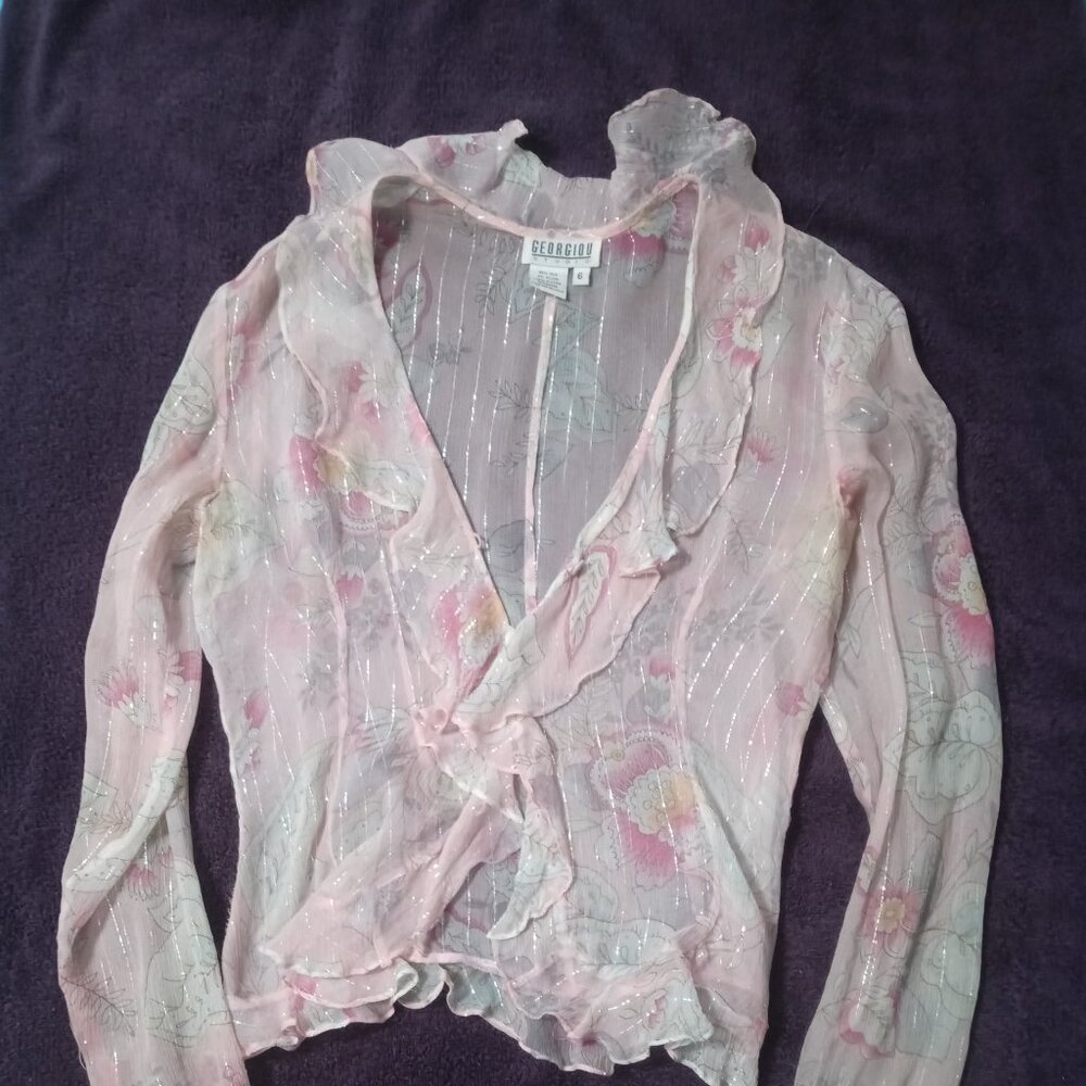 Silk Sheer Pink Floral Top with Silver threads